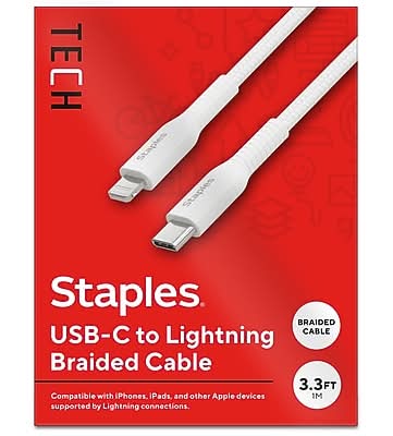 Staples TECH USB-A to USB-C Charging Cable, 3.3 ft, White, Fast Charge/Data Sync Cable for Phones & Tablets