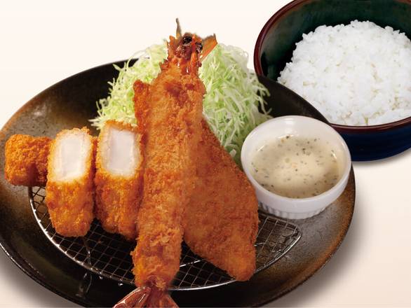 海鮮盛り合わせ(イカ・白身魚・有頭大海老)定食