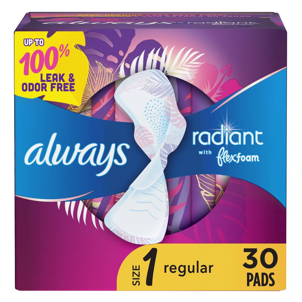 Always Radiant Pads, Size 1, Regular Absorbency, Scented, 30 Count