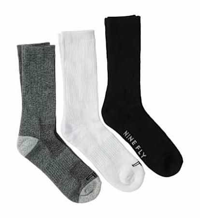 Young Mens Nine Fly Performance Crew Socks 3-Pairs Gray/White/Black