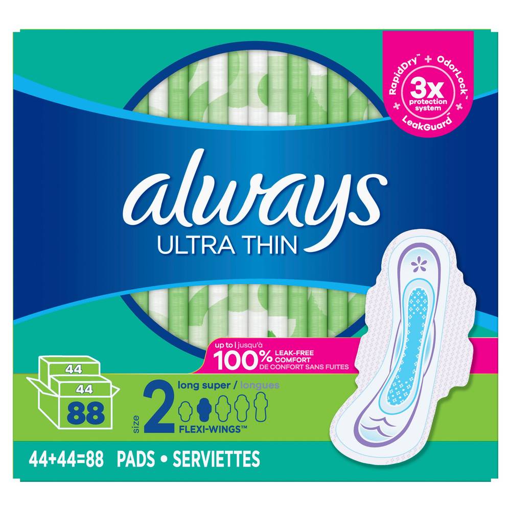 Always Ultra Thin Long Super Pads, Unscented With Wings, 88 Count