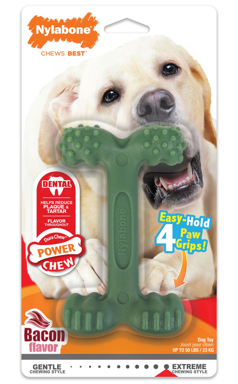Nylabone Power Chew Easy-Hold Dog Dental Chew Toy Bacon, Large/Giant