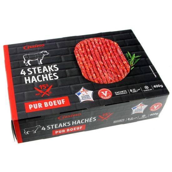 Casino Steaks hâchés - Pur bœuf - 15% m.g. 4x100g