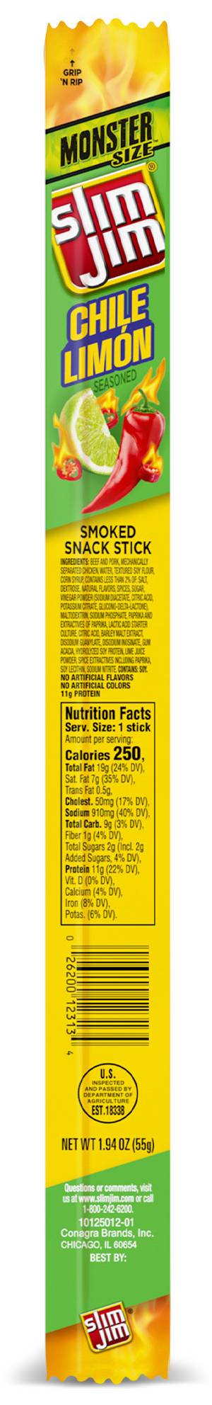 Slim Jim Monster Smoked Snack Stick Chile Limón Seasoned On-The-Go Meat Snack (1.94 oz)