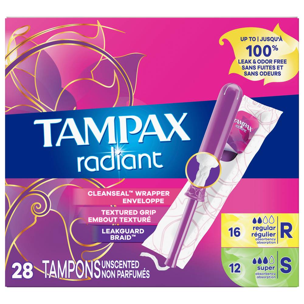 Tampax Radiant Regular/Super Unscented Tampons (8 oz, 28 ct)