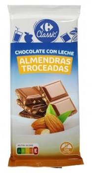 Chocolate con leche y almendras troceadas Carrefour Classic sin gluten 150 g.