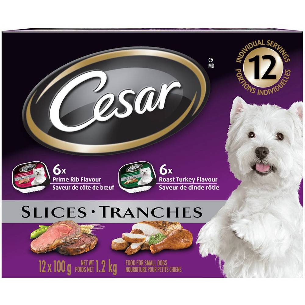 Cesar tranches à saveur de côte de bœuf et de dinde rôtie pour petits chiens (12x100 g) - slices: 6 roast turkey flavour and 6 prime rib flavour (12x100g)