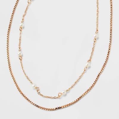 A New Day Gold 2 Row Clear Stone Pearl Ball Necklace, 17 in