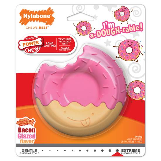Nylabone Power Chew Donut Dog Toy Bacon Glazed (m size/pink)
