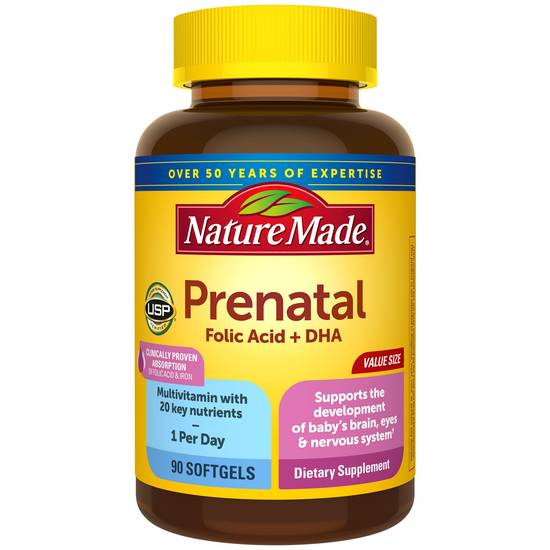 Nature Made Prenatal Multivitamin + DHA Softgels, Value Size to Support Baby`s Development, 90 CT