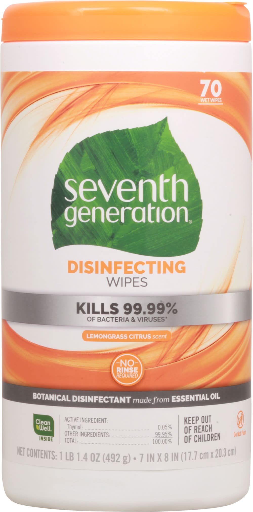 Seventh Generation Disinfecting Wipes, Lemongrass-Citrus, 7x8 in (70 ct)
