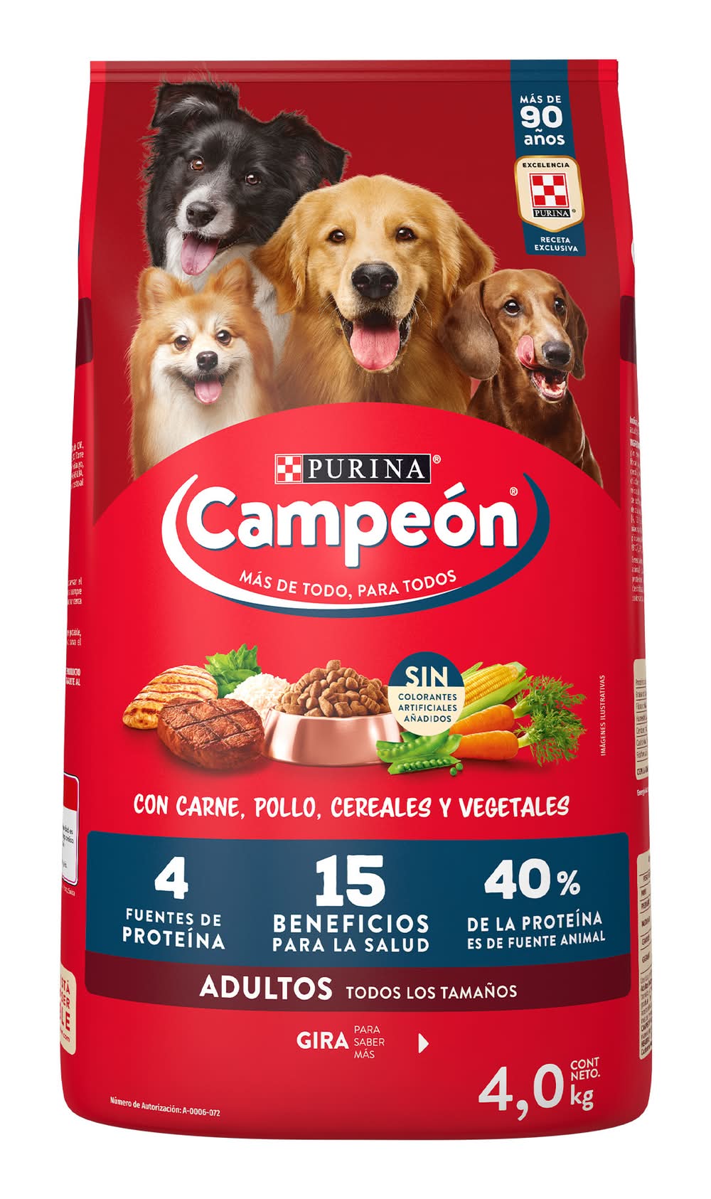 Purina Campeón · Alimento seco para perros, carne-pollo-cereales-vegetales, Adulto (4 kg)