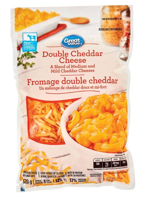 Great value fromage râpé double cheddargreatvalue (320 g) - shredded double cheddar cheese (320 g)