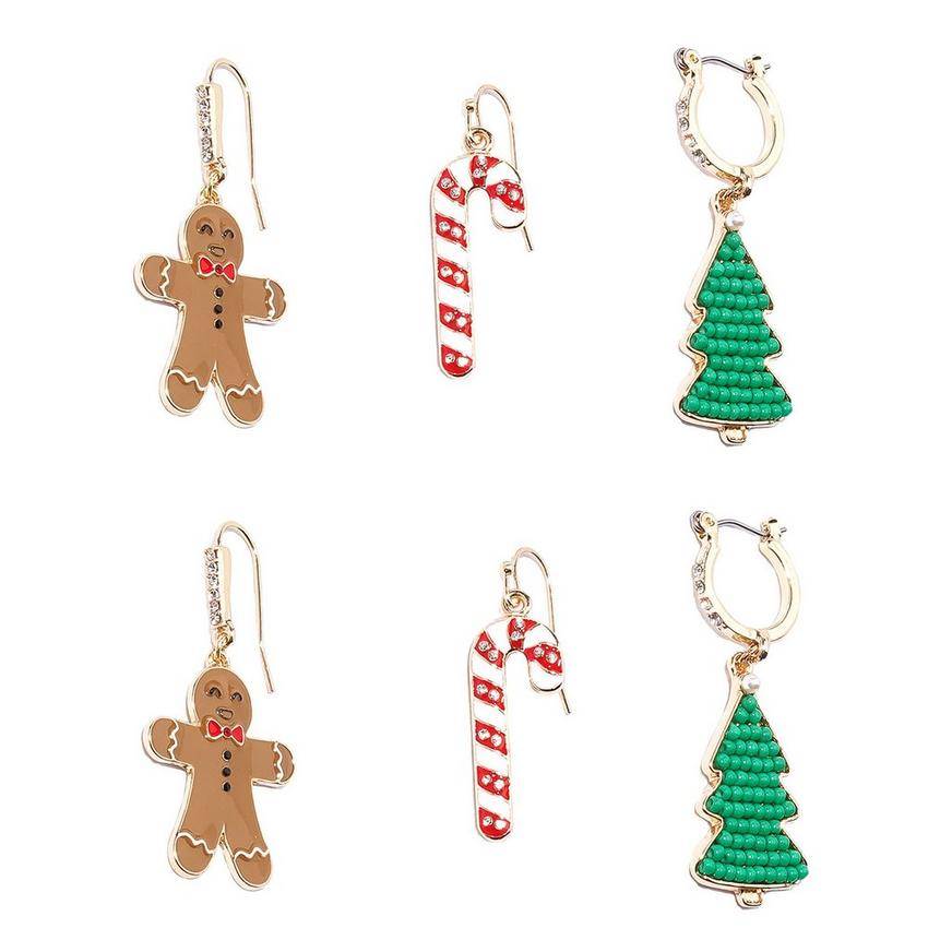 Gingerbread, Candy Canes Christmas Trees Earring Set, 3 Pairs