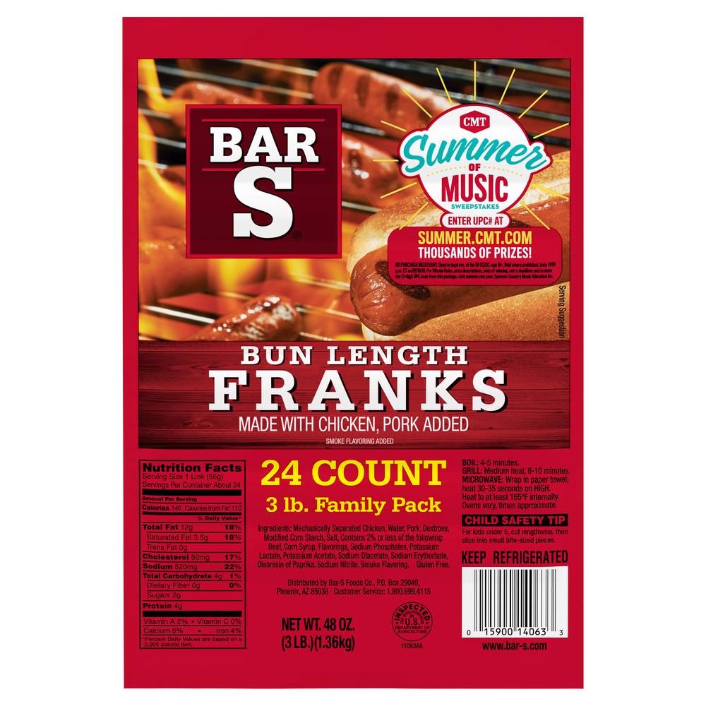 Bar-S Bun Lenght Franks Hot Dogs (48 oz, 24 ct)