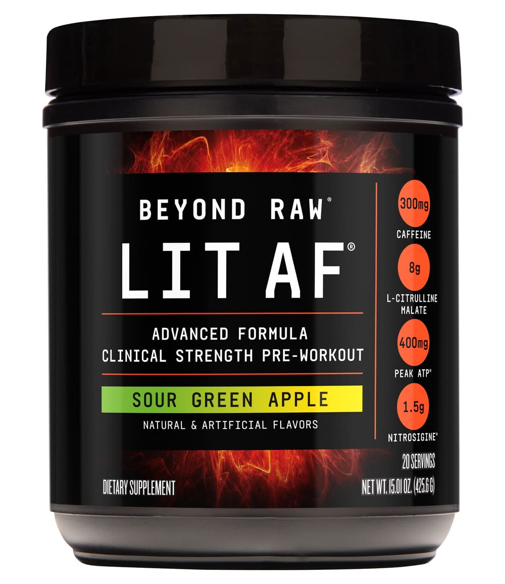 Beyond Raw Lit Af Advanced Formula Clinical Strength Pre-Workout Supplement, Sour Green Apple (15.01 oz)