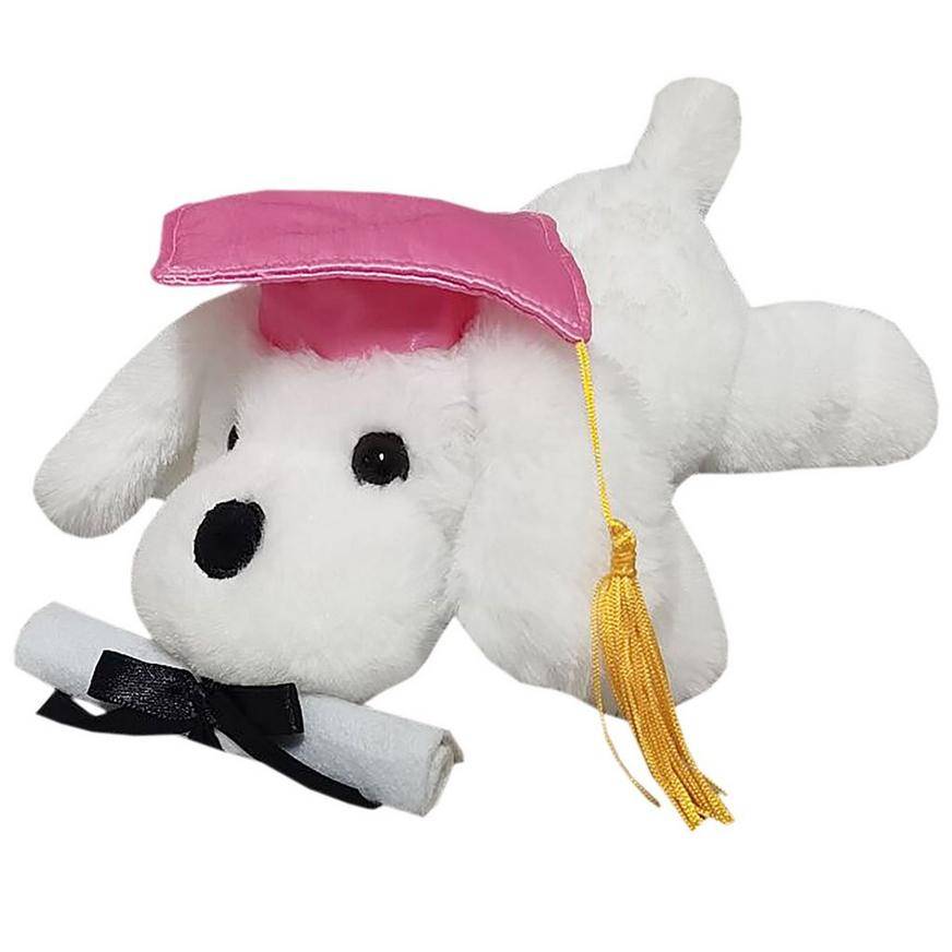 Pink Graduation Cap Diploma Lying White Dog Plush, 8.5in