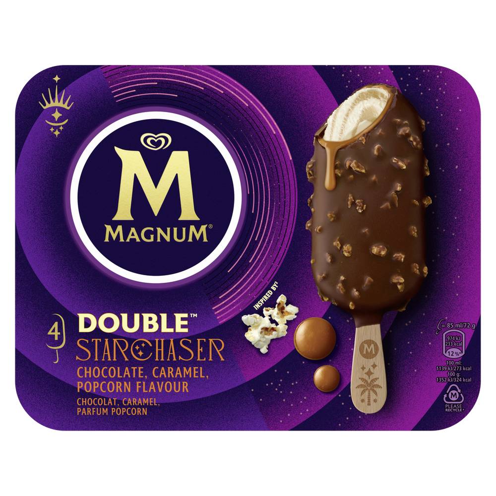 Magnum - Glace bâtonnet double starchaser chocolat caramel pop corn (4 pièces)