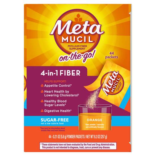 Metamucil 4-in-1 Psyllium Fiber Sugar-Free Single Serve Packets, Orange, 44 CT