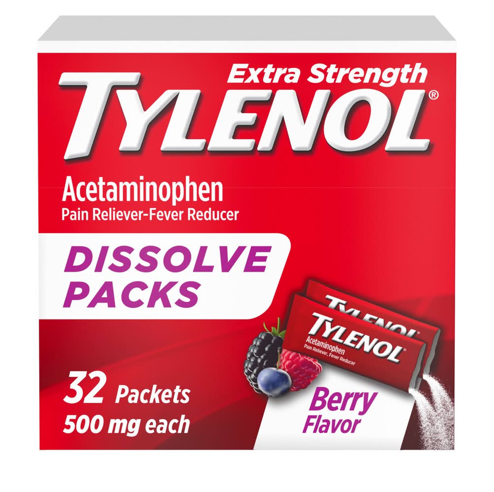 Tylenol Extra Strength Pain Reliever-Fever Reducer Dissolve packs 500 mg, Berry (32 ct)