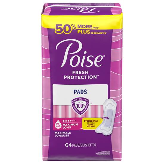 Poise Womens Long Length Maximum Absorbency Pads (64 ct)