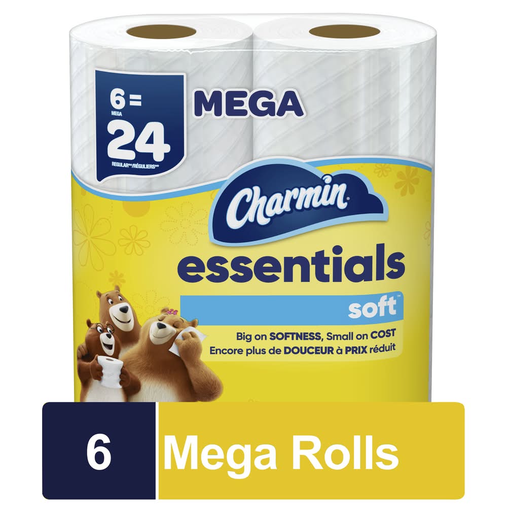 Charmin Essentials Unscented Soft Bathroom Tissue Mega Rolls, 3.92x4 in, White (6 ct)