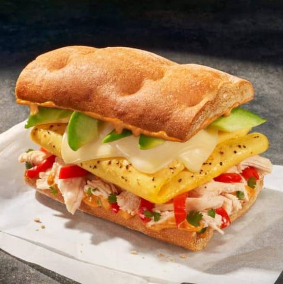 Chipotle Chicken, Scrambled Egg & Avocado on Ciabatta