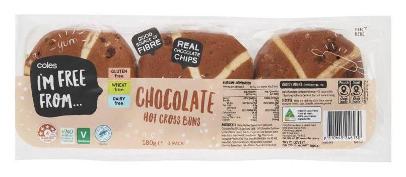 Coles Gluten Free Chocolate Hot Cross Buns 3 Pack