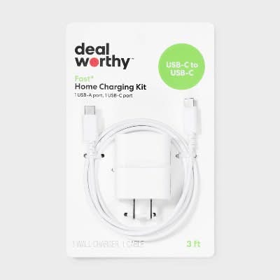 Dealworthy 2-Port 25w Wall Charger With 3' Usb-C To Usb-C Cable, 3 ft, White