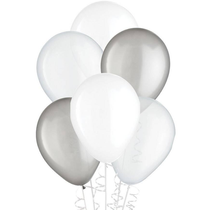 Uninflated 15ct, 11in, Platinum 3-Color Mix Latex Balloons - Clear, Silver White