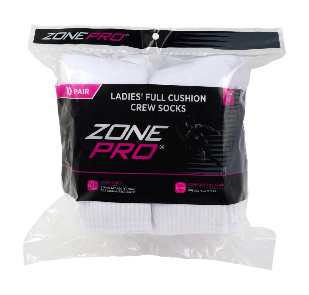 Zone Pro Ladies Full Cushion Crew Socks White 10 Pk