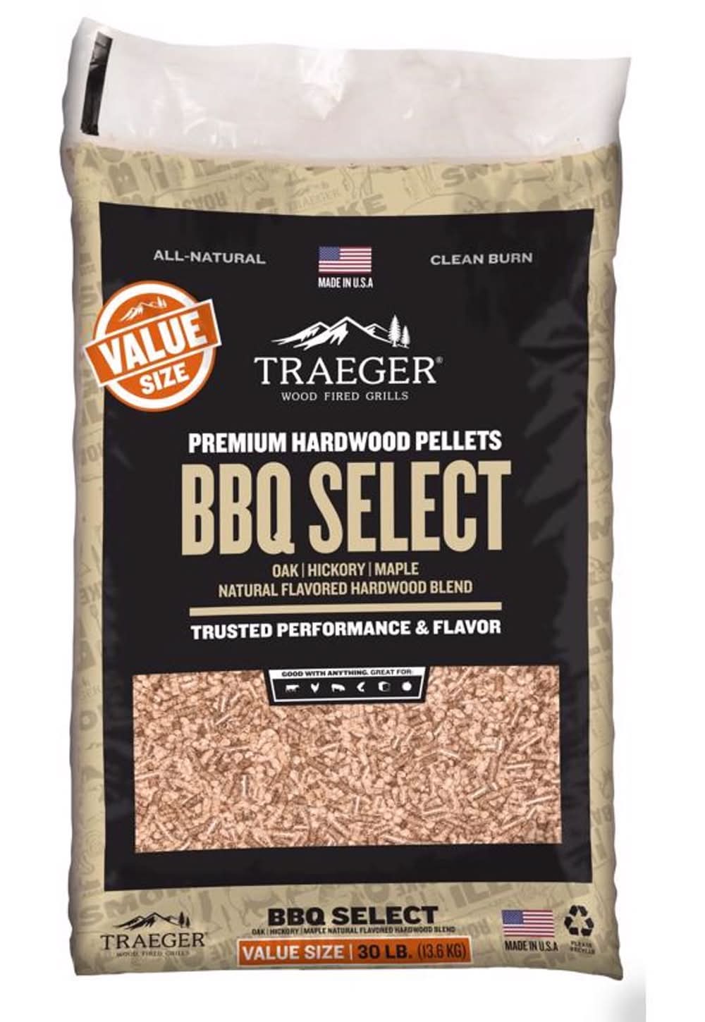 Traeger Bbq Select All Natural Oak/Hickory/Maple Hardwood Pellets 30 Lb
