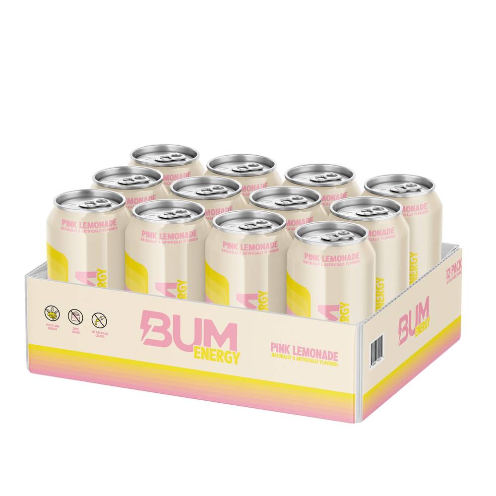 BUM Energy Natural Caffeine Drink, Pink Lemonade (12 x 12 fl oz)