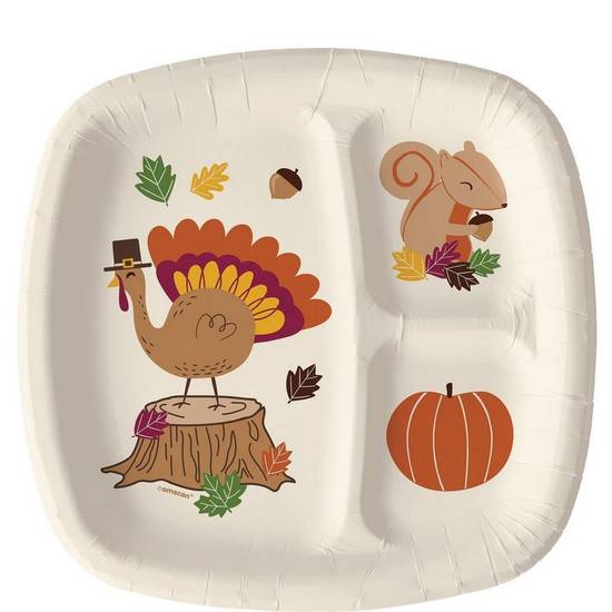 Thanksgiving Friends Divided Square Paper Lunch Plates, 9in, 8ct