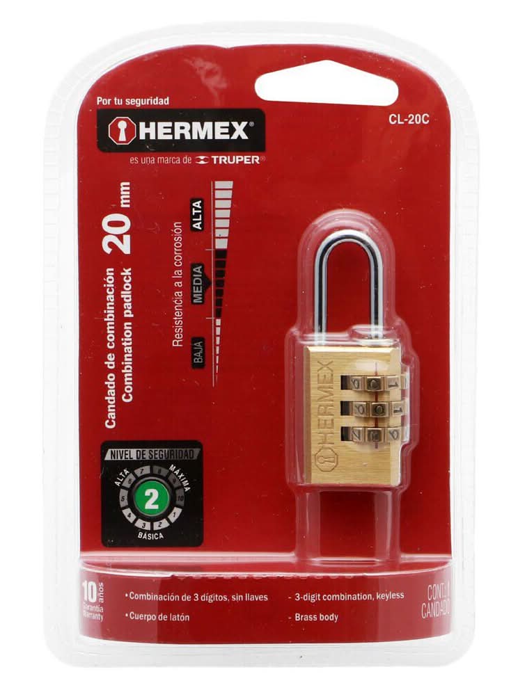 Hermex · Candado de latón de combinación con gancho de 20mm (598,22 g)