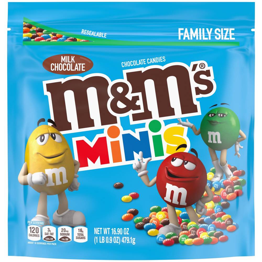 M&M'S Minis Milk Chocolate Candy, Family Size, Resealable Bulk Candy Bag, 16.9 Oz