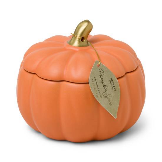 Foundry Candle 10 oz Colored Ceramic Pumpkin With Metalic Gold Stem and Hangtag Pumpkin Spice