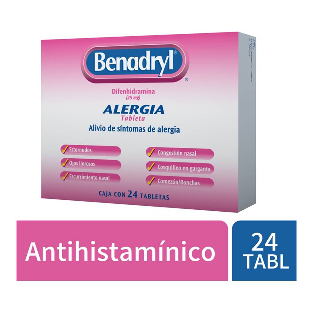 Benadryl difenhidramina tabletas 25 mg (24 piezas)