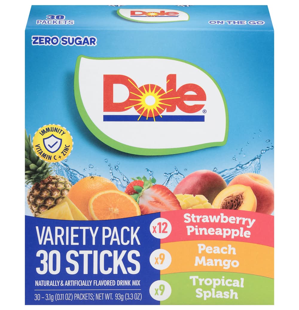 Dole Zero Sugar Tropicals Drink Mix Variety pack, Strawberry Pineapple-Peach Mango-Tropical Splash (30 x 0.11 oz)