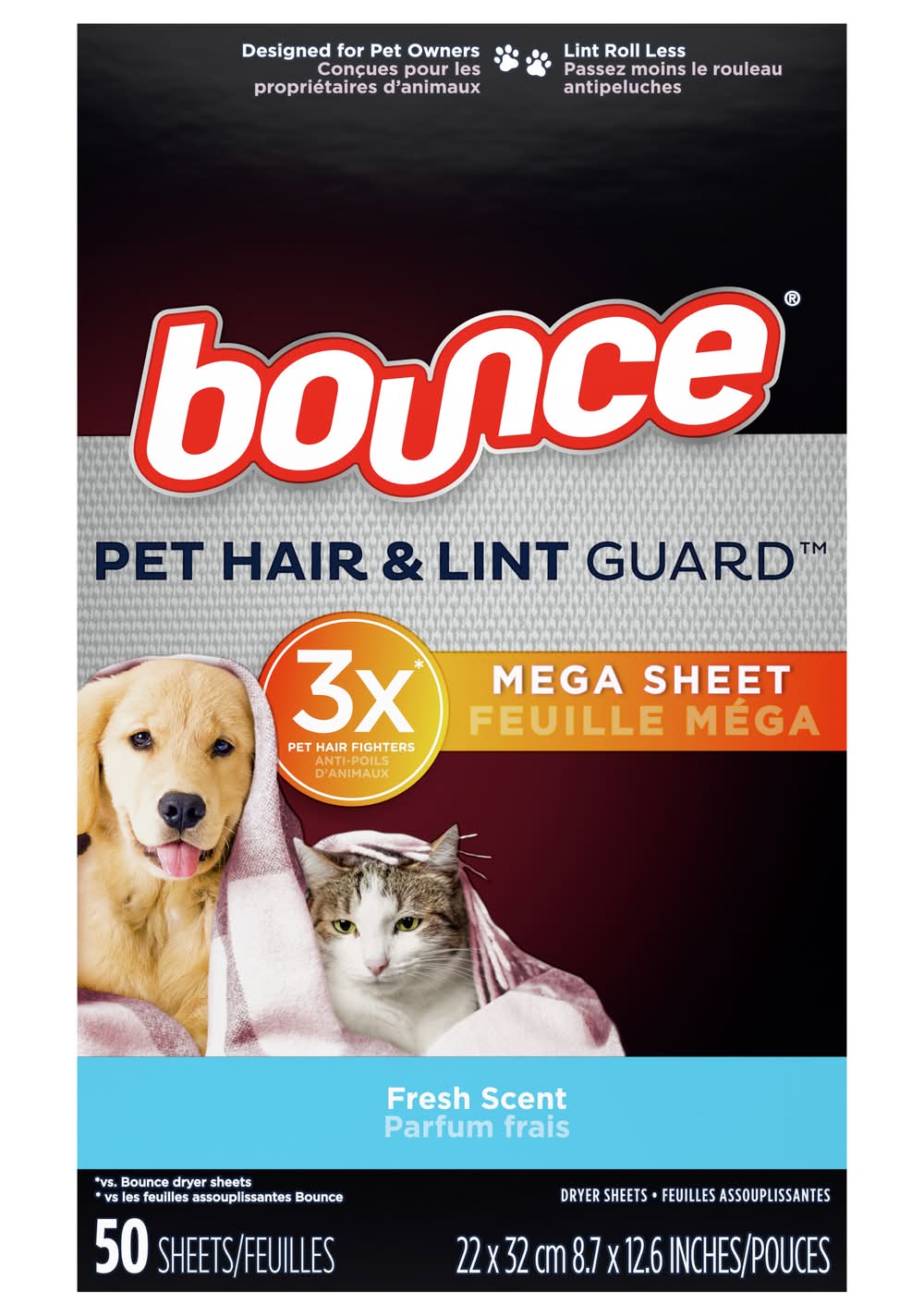 Bounce Pet Hair & Lint Guard Mega Dryer Sheets, Fresh, 8.7x12.6 in (50 ct)