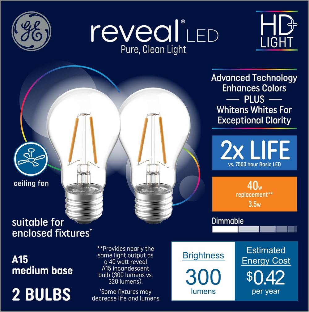 GE Reveal 40-Watt EQ A15 Color-enhancing Medium Base (e-26) Dimmable LED General Purpose Light Bulb (2-Pack) | 42402