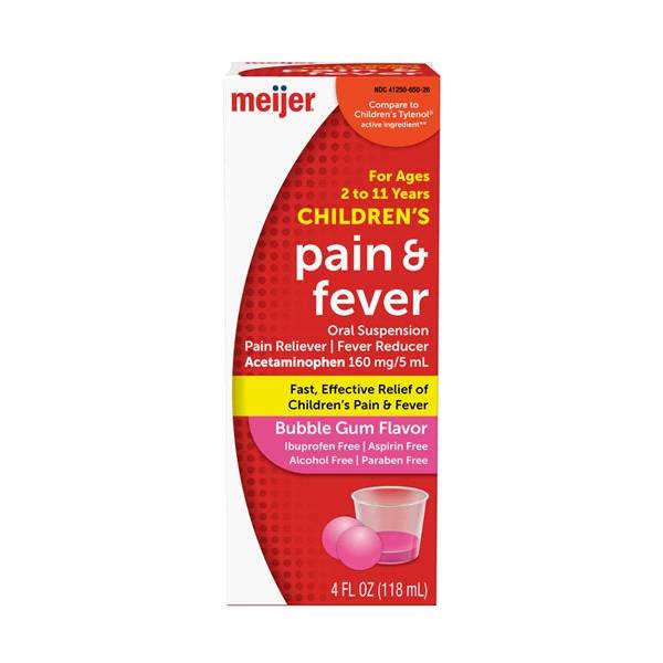 Meijer Children's Pain and Fever, Acetaminophen 160 mg per 5 mL, Bubble Gum, 4 Ounces