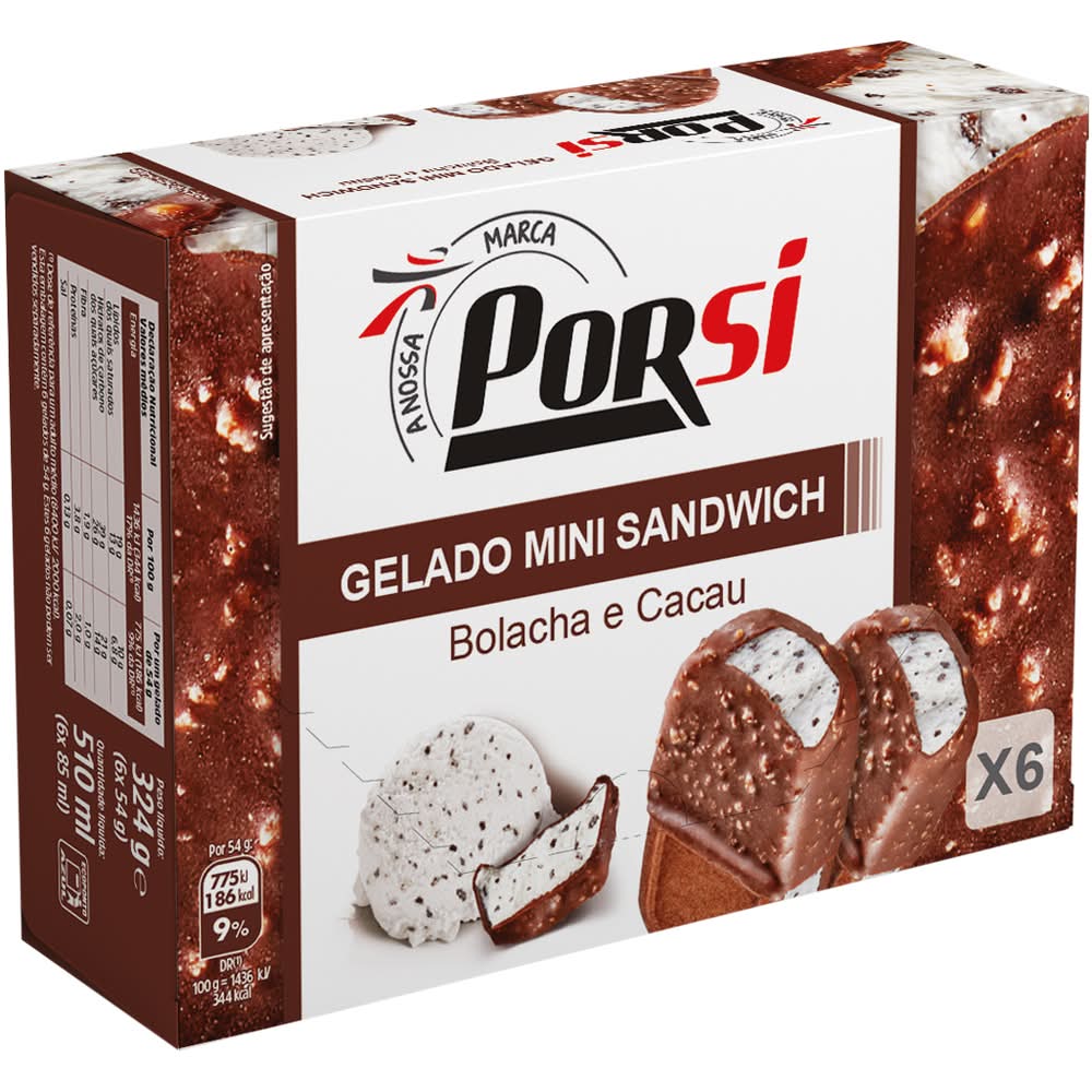 Porsi - Gelado mini sandwish bolacha e cacau, embalagem com 6 unidades