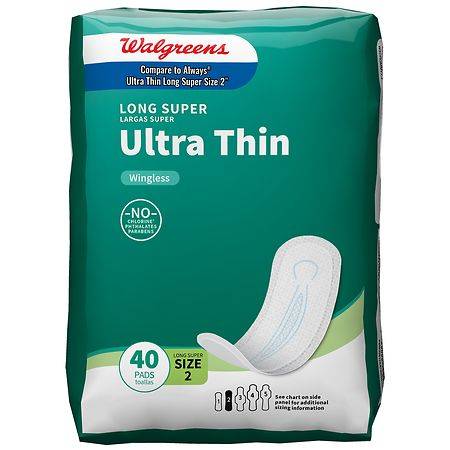 Walgreens Ultra Thin Pads Without Wings, Long Super Absorbency Unscented, Size 2
