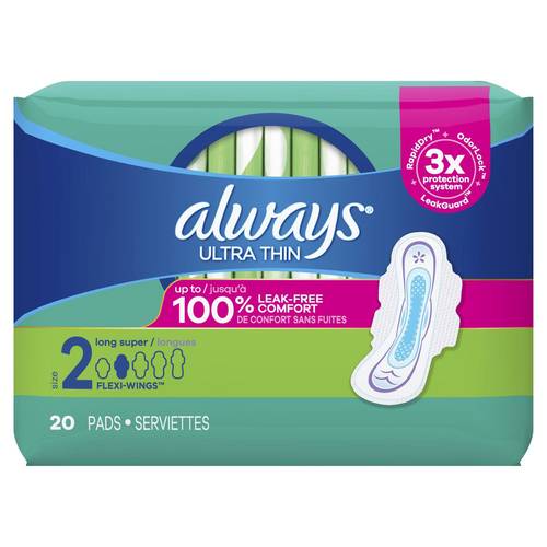 Always Ultra Thin Long Super Pads With Flexi Wings, 2 (20 ct)