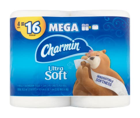 Charmin Ultra Soft Bathroom Tissue Mega Rolls, 9.9x10.1 cm, White (4 ct)
