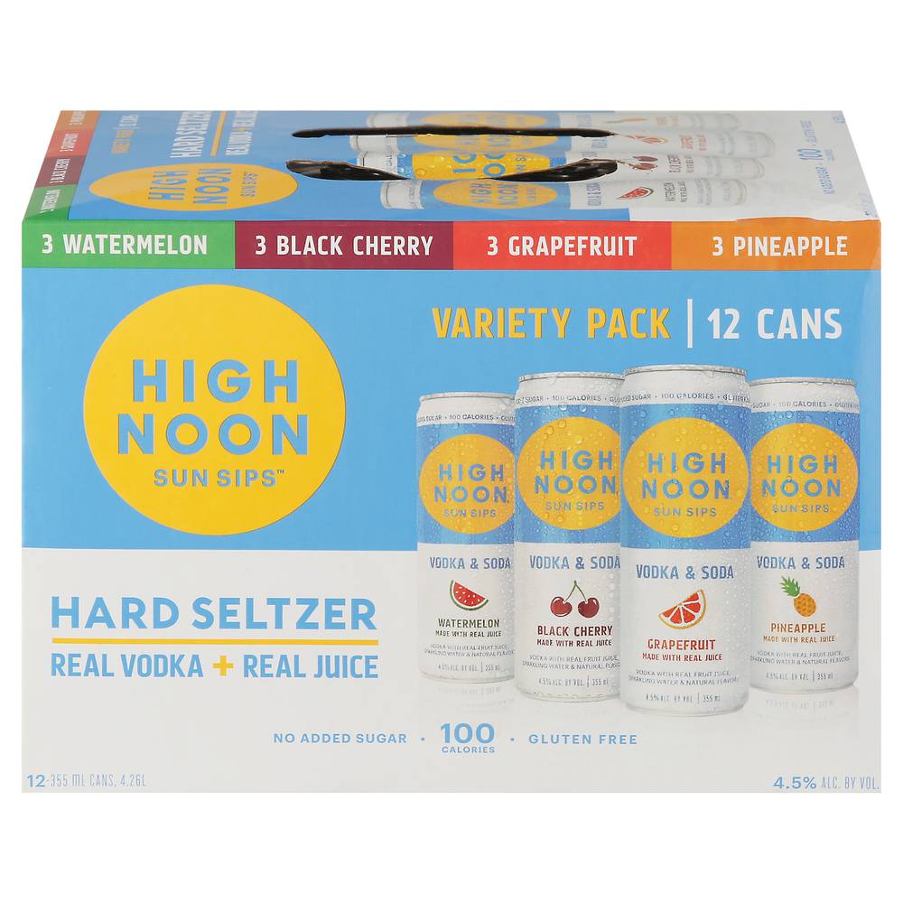 High Noon Sun Sips Hard Seltzer Variety pack, Watermelon-Black Cherry-Grapefruit-Pineapple (12 x 12.5 oz)