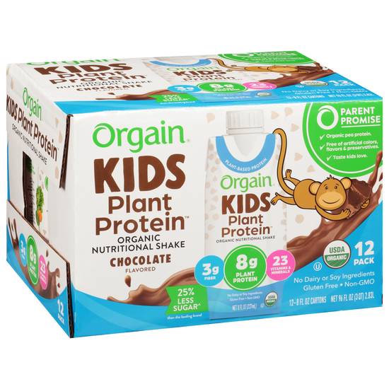 Orgain Kids Plant Protein Nutritional Shake, Organic, Chocolate Flavor - 12 pack, 8 fl oz cartons