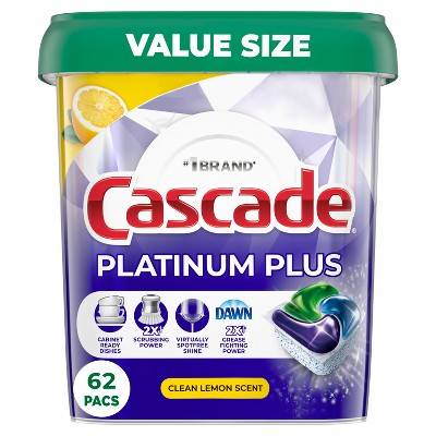 Cascade Platinum Plus Dishwasher Detergent Pods, Lemon (62 ct)