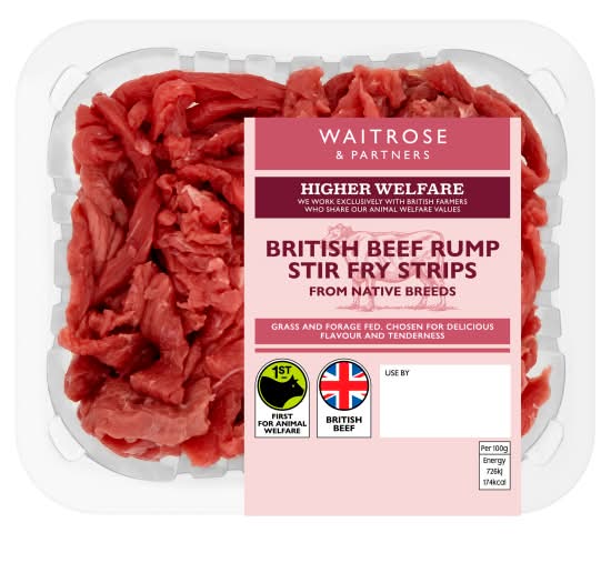Waitrose & Partners Higher Welfare British Native Breed Beef Rump Stir Fry Strips (250g)